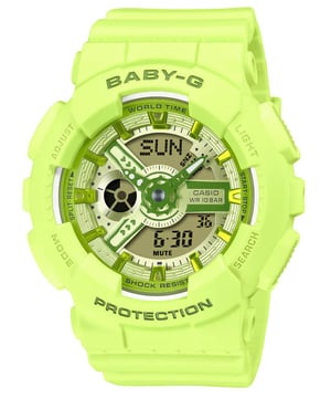 This Casio Baby-g Analogue-Digital Watch for Women is the perfect timepiece to wear or to gift. It's Green 42 mm Round case combined with the comfortable Green Plastic watch band will ensure you enjoy this stunning timepiece without any compromise. Operated by a high quality Quartz movement and water resistant to 10 bars, your watch will keep ticking. Wish you could travel back in time? This Y2K-inspired BABY-G is bursting with fresh colour to bring the turn of the millennium to your active life today. This Analogue-Digital watch has a calendar function: Day-Date as well as a Stop Watch , Countdown , Worldtime , Alarm and Light High quality 19 cm length and 18 mm width Green Plastic strap with a Buckle Case diameter: 42 mm,case thickness: 13 mm, case colour: Green and dial colour: Green