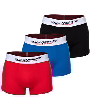 Diesel boxershorts voor heren, 3 stuks, 95% katoen, 5% elastaan, stretchende pasvorm, gemaakt in Bangladesh, Diesel-merk op de tailleband, 3 kleuren - rood, blauw, zwart, witte tailleband, Diesel Indusrty-logo op de band, Diesel-merk
