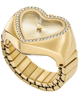 This Fossil Watch Ring Analogue Watch for Women is the perfect timepiece to wear or to gift. It's Gold  Heart case combined with the comfortable Gold Stainless steel watch band will ensure you enjoy this stunning timepiece without any compromise. Operated by a high quality Quartz movement and water resistant to 5 bars, your watch will keep ticking. Reinvent your jewellery game with this sleek and stylish heart watch ring. Crafted from lustrous gold-tone stainless steel with dazzling crystal accents, it balances timeless sophistication with modern flair. High quality 2 cm length and 6.8 mm width Gold Stainless steel strap with a Expanding bracelet Case measurement: 16 X 20 mm,case thickness: 6 mm, case colour: Gold and dial colour: Gold