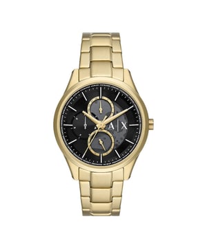 This Armani Exchange Dante Multi Dial Watch for Men is the perfect timepiece to wear or to gift. It's Gold 42 mm Round case combined with the comfortable Gold Stainless steel watch band will ensure you enjoy this stunning timepiece without any compromise. Operated by a high quality Quartz movement and water resistant to 5 bars, your watch will keep ticking. This fashionable and classic watch matches any outfit at any occasion,it adds style to your life  This Multi Dial watch has a Calendar function: Day-Date and 24-hour Display High quality 20 cm length and 21 mm width Gold Stainless steel strap with a Fold over with push button clasp Case diameter: 42 mm,case thickness: 9 mm, case colour: Gold and dial colour: Black