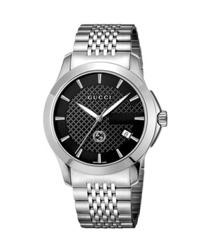 Manufacturer part number: YA1264106Brand: GucciEAN: 7319034560217Movement: QuartzBracelet color: Silver-toneWaterproofing: 50M (5ATM)Dial color: BlackBracelet material: Stainless steelDial diameter: 38mmDisplay: AnalogCase material: Stainless steelGender: Men'sStyle: LuxuryAge Group: AdultBracelet type: Two-piece strapShape: RoundCase color: Silver