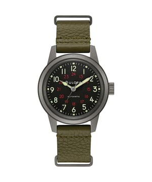 This Bulova Hack Analogue Watch for Men is the perfect timepiece to wear or to gift. It's Grey 38 mm Round case combined with the comfortable Green Leather watch band will ensure you enjoy this stunning timepiece without any compromise. Operated by a high quality Automatic movement and water resistant to 3 bars, your watch will keep ticking. This watch has an automatic watch movement ( recharged by any movement with your wrist; never needs a battery) with a 42 hour power reserve -The watch has a function: Luminous Hands, Luminous Number High quality 21 cm length and 18 mm width Green Leather strap with a Buckle Case diameter: 38 mm,case thickness: 15 mm, case colour: Grey and dial colour: Black