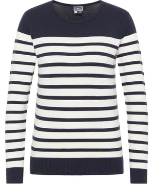 De klassieke maritieme look staat stijlvol centraal bij DreiMaster Maritim, hier presenteert het label een gestreepte trui die nooit uit de mode zal raken. Het is gemaakt van een zeer zachte, elastische viscose-armmix die ontspannen is maar toch zijn vorm behoudt. Draag French chic casual met denim shorts in de zomer of met elegante broeken en blazers als de dagen wat koeler zijn.  Gebreide trui