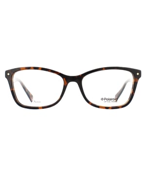 Die Polaroid Brillenfassung PLD D320 086 Dark Havana ist eine Katzenaugenbrille für Damen, die aus leichtem Kunststoff für ganztägigen Tragekomfort gefertigt ist. Die Bügel sind mit dem Polaroid-Logo versehen und die innere Spitze zeigt das Polaroid-Pixel.