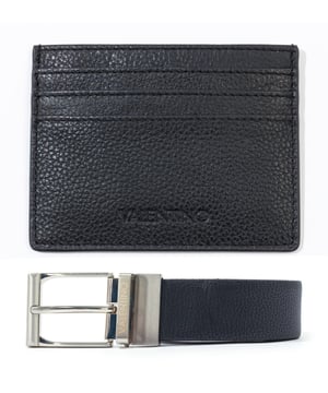 Founded in Rome in 1960, Valentino Bags expertly crafts luxury pieces for those who carry themselves with grace and poise, as well as a love for daring fashion. The Rock belt and card holder set consists of a grained leather belt with five belt hole adjustments and removeable single pin buckle, and a grained leather six slot card holder. Both pieces are finished with signature Valentino branding and are perfectly presented in a branded gift box.Genuine Grained Leather ConstructionSingle Pin Buckle &amp; Five Hole Adjustment Fittings3.5cm Belt WidthBranded Box PackagingValentino by Mario Valentino Branding