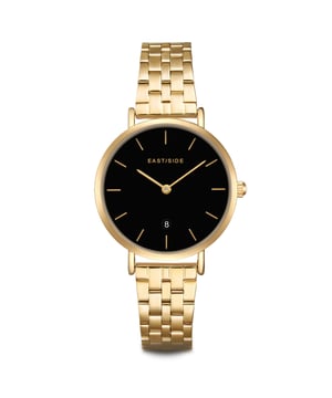 Classic watch design or modern lifestyle? This women's watch in the Eastside label can both and combine a design in the tradition of stylish clock classics with the pulsating zeitgeist of New York. The result is a timeless timepiece that fits many outfits and never gets out of fashion. A puristic dial with simple line indices, delicate sticker and date display fits into the yellow-gold metal housing. The also yellow-gold, hard-wearing stainless steel bracelet in a link-arm strap look scores with a comfortable safety folding. A precise quartz watchwerk guarantees everyday suitability and reliable longevity.