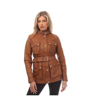 Womens Belstaff Legacy Trialmaster Panther Jacket in cork.- Stand collar with adjustable throat latch.- Snap front placket and zip closure.- Four bellows front pockets and one internal pocket.- Reinforced shoulder and elbow panels and underarm ventilation.- Hand waxed leather with Belstaff's exclusive artisanal finish.- Exterior: 100% Calf Leather.- Body lining: 100% Cotton. Sleeve lining: 100% Viscose.- Clean in professional leather care centre- Ref: 105335CORK
