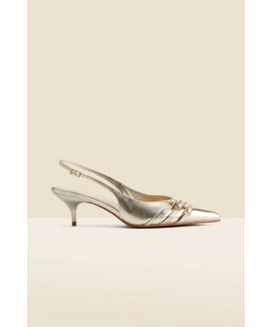 Luxe up your lookTimeless slingback style with a sleek pointed toeSet on a comfy-chic kitten heel Elevated with a statement buckle strap detail Adjustable strap for the perfect fit Dress them down with denim, up with