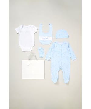 Surprise new parents with the printed 5-Piece baby gift Set from Rock A Bye Baby Boutique. This thoughtful bundle includes a cosy matching all-in-one, bodysuit, bib, hat, and mitts for essential wardrobe pieces. Crafted from 100% cotton, each item ensures their baby stays stylish and snug, perfect for everyday wear or special occasions. Packaged elegantly in a mesh bag.