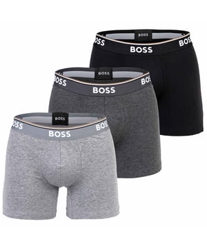 Men's boxer briefs by the brand BOSS. Comfortable, elastic logo waistband, soft cotton stretch, in an advantageous three-pack.