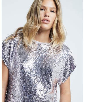Sequin fabric, Shoulder pad, Crew neckline, Sleeveless