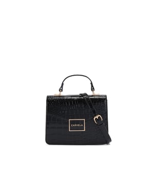This Jessica Top Handle Bag features a black exterior with large croc print. There is a gold branded plate on the front flap.15cm (H), 17cm (L), 7cm (D). Strap length: 125cm. Gold tone chain strap with two inserts.