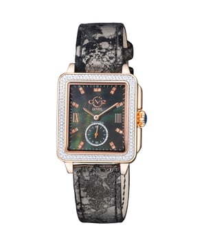 The picturesque city of Bari Italy provided the inspiration for the popular ladies GV2 Bari Collection Known throughout the world as the city of St Nicholas, it is no surprise that the historic town would continue to inspire the designers.
The new line extension retains the Bari’s sophisticated rectangular mother-of-pearl dial embellished with eighteen glittering diamonds indices; adding a well placed sixty-second sub dial. This Bari collection has been fitted with a beautiful pumpkin shape crown topped with a Diamond Cut Bezel Case.GV2 9250 Women's Bari Swiss Quartz Diamond Watch

GV2 Women's Swiss Watch from the Bari Collection
37mm Square IPRG Diamond Cut Bezel Case/ Push Pull Crown
Black MOP dial with 18 diamonds Single Cut G/H Color
Second Hand Sub Dial
Genuine Handmade Italian Black Strap with Tang Buckle
Anti-reflective Sapphire Crystal
Water Resistant to 50 Meters/5ATM
Swiss Quartz Movement Ronda 1069.