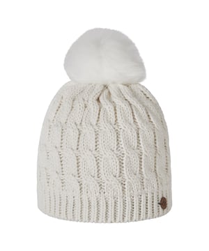 Material: Acrylic, Polyester. Fabric: Cable Knit, Chunky, Knitted, Yarn. Lining: Microfleece. Design: Logo, Textured. Faux Fur Pom Pom. Fabric Technology: Insulating. Sustainability: Made from Recycled Materials. Ribbed Hem.