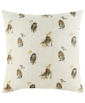 Bring a little wildlife to your interior with this super sweet hand-painted repeating Robin design. The appealing nature of the Robins on a neutral coloured linen look background makes this cushion the perfect touch to any home.