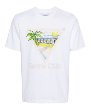 Casablanca's graphics often depict a fantastical world of sporty utopian scenes – the illustrative print on this organic cotton T-shirt portrays a Mexican-inspired landscape with a tennis court in the middle.