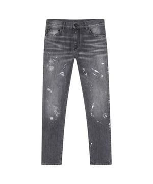Gebroken witte grijze jeans, ritssluiting, 100% katoen, verfspetterontwerp, gemaakt in Italië, grijze jeans
