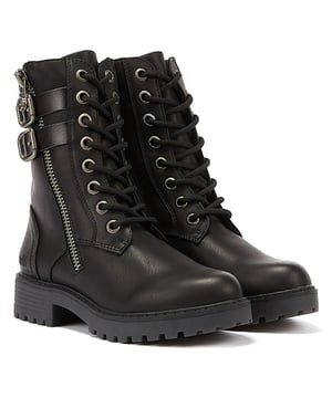 Step into bold fashion with these combat-inspired boots featuring zipper, strap, and buckle detailing. Adjust them to your liking with the adjustable laces, and enjoy easy on/off with the inside zipper. The cushioned footbed ensures comfort, while the insole, made with BLOOM Foam—an eco-friendly material derived from algae—adds a sustainable touch to your style.
