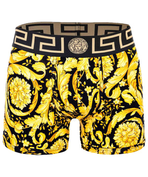 Elegante Herren Boxer Shorts der Marke VERSACE. Hochwertige Unterhosen mit Allover Barocco Print. Ikonisches Greca-Muster und Medusa-Motiv am elastischen Bund.