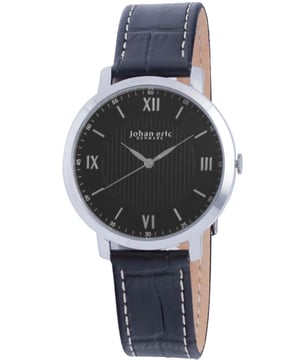 Johan eric: koge, men's, black dial watch w applied indexes with hydraulic stamping pattern, black leather strap w crocodile pattern top....