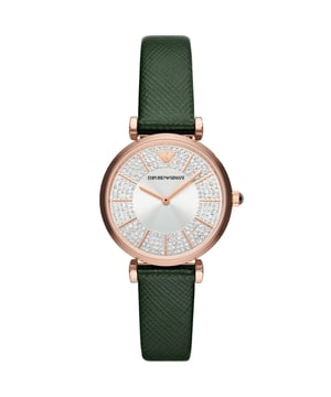 This Emporio Armani Gianni T-bar Analogue Watch for Women is the perfect timepiece to wear or to gift. It's Rose Gold 32 mm Round case combined with the comfortable Green Leather watch band will ensure you enjoy this stunning timepiece without any compromise. Operated by a high quality Quartz movement and water resistant to 3 bars, your watch will keep ticking. Elegant and fashionable watch that is suitable for the daily life of every Women. It’s a great gift for your relatives and friends High quality 19 cm length and 14 mm width Green Leather strap with a Buckle Case diameter: 32 mm,case thickness: 7 mm, case colour: Rose Gold and dial colour: Silver