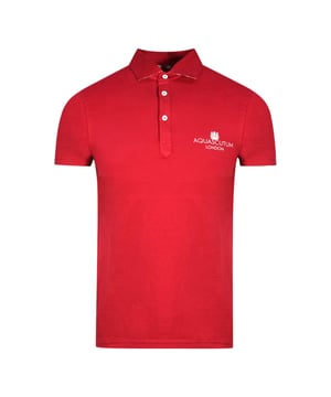 Aquascutum London Bold Logo Red Polo Shirt. Aquascutum Red Polo Shirt. Branded Logo, Short Sleeves. Stretch Fit 95% Cotton 5% Elastane. Regular Fit, Fits True To Size. Style Code: QMP041 32