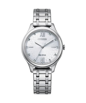 This Citizen  Analogue Watch for Women is the perfect timepiece to wear or to gift. It's Silver 32 mm Round case combined with the comfortable Silver Stainless steel watch band will ensure you enjoy this stunning timepiece without any compromise. Operated by a high quality Eco-Drive movement and water resistant to 5 bars, your watch will keep ticking. This Elegant watch has an Eco-drive technology (Recharged by any light source; never needs a battery) - The watch has a function: Solar Powered High quality 19 cm length and 13 mm width Silver Stainless steel strap with a Fold over with push button clasp Case diameter: 32 mm,case thickness: 7 mm, case colour: Silver and dial colour: White