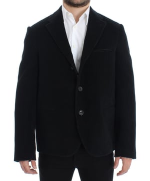 Brand: Dolce & Gabbana
  Model: MARTINI Blazer jacket
  Style: Single breasted three button
  Fitting: Regular Fit
  Color: Black
  Material: 88% Cotton 6% Polyester 4% Silk 2% Elastane
  Lining: 57% Cupro 43% Polyester
  Three outside pockets and two inside pockets
  One open vent in the back
  Logo details
  Made in Italy
  Original tags hanger cover bag and our own store bag included
Material: 88% Cotton 6% Polyester 4% Silk 2% Elastane