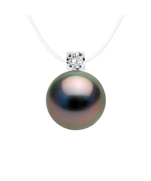 Halskette mit Nylonfaden, besetzt mit einer echten Tahiti-Zuchtperle, rund 8-9 mm, umgeben von einem echten Diamanten, 0,03 Karat - Länge 42 cm, 16,53 in - Unser Schmuck wird in Frankreich hergestellt und in einer Geschenkbox geliefert, begleitet von einem Echtheitszertifikat und internationaler Garantie