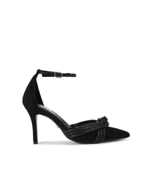 This Carvela Arielle Court heel features a black upper with large crystal knot strap across the pointed toe. The ankle strap is also embellished with black crystals. Heel height: 8cm.