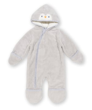 This onesie is heart-wrenchingly cute! Made in a gorgeously soft grey fleece fabric featuring a penguin appliqué face design on the hood. The turn-over feet and mitts with asymmetrical zip to the ankle mean it's easy to pop on and off, just the thing for when your little one needs a soft and comfy extra layer.