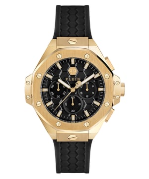 Dit Philipp Plein Plein Chrono Royal Chronograaf Horloge voor Unisex is het perfecte accessoire om te dragen of cadeau te geven. De gouden 42 mm ronde kast in combinatie met de comfortabele zwarte siliconen horlogeband zorgt ervoor dat je optimaal kunt genieten van dit prachtige horloge zonder compromissen. Aangedreven door een hoogwaardige kwartsbeweging en waterbestendig tot 5 bar, blijft jouw horloge tikken.