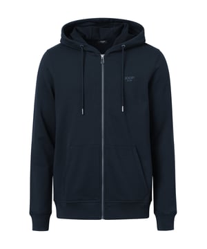 Einfarbige Zipper-Jacke für Herren von der Marke JOOP! JEANS. Aus reiner Baumwolle mit gerippten Abschlüssen, Kapuze mit Kordel und Kängurutaschen.
