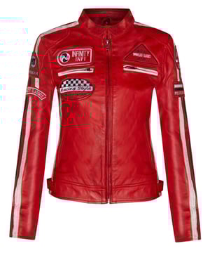 Finished in our premium nappa leather and detailed with our embroidered vintage badges, racing enthusiasts look no further. The classic biker style is leveled up with the addition of twin contrasting racing stripes on the sleeves and a thoughtful placement of racing badges to make this iconic piece. The jacket still stays true to its biker roots with a classic short tab collar and two zip pockets positioned at the breast for a traditional look. For additional storage find two hand pockets at the waist to ensure this jacket is as practical as it is stylish. â€¢ 100% premium ultra-soft nappa leather. â€¢ Four exterior pockets â€¢ Racing style stripes on each of the jacket sleeves â€¢ Full length YKK zip on the front â€¢ Embroidered racing style badges featured across the jacket front and sleeves