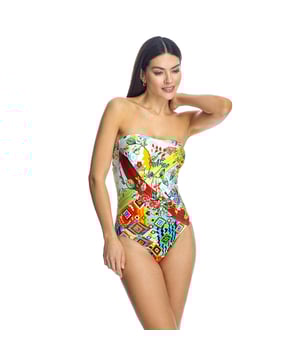 Bandeau swimsuit W240987 women.

 Bandeau neckline swimsuit with cup. Fully lined.
 It has removable straps that can be removed so that no marks are left from the sun.
 The option to remove the straps allows for versatility in the look and comfort.

 Cutting-edge fabric with high shaping power, high resistance to chlorine, tanning creams and oils and excellent moisture absorption properties.
 Composition: Outer lining: 80% Polyamide, 20% Elastane.
 Inner lining: 72% Polyester, 18% Elastane, 10% Polyamide.
 Cup: 100% Polyester.
 Care:
Handwash.
 Do not use bleach.
 Do not use dryer.
 Do not iron.
 Do not dry clean.
 Do not squeeze.