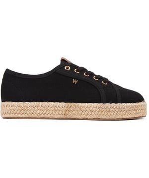 Womens black Wrangler jane shoes, manufactured with textile and a rubber & rope sole. Featuring: gold hardware, wrangler branding, rope edge sole and branded insole.