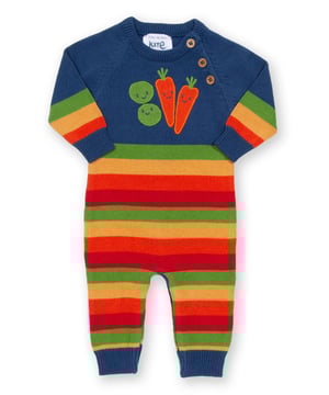 Colourful and cute! Perfect for playing or snoozing, this beautiful veggie knit romper is comfy, practical and great for the season. Featuring Kite's vibrant rainbow stripe and gorgeous veggie appliqué design.