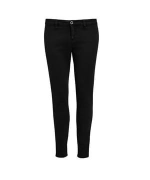 Flat front. Zip fly with button over. Belt loops. 7/8 length. Two rear mock jetted pockets. 98% Cotton Twill/2% Elastane.