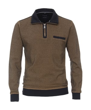 Dompel jezelf onder in het ultieme comfort en de onovertroffen stijl van dit heren sweatshirt met lange mouwen, een troyerkraag en een halve ritssluiting. Dit exclusieve sweatshirt is een eerbetoon aan tijdloze elegantie en moderne functionaliteit en tilt je garderobe naar een hoger niveau.  De kenmerkende troyer kraag geeft dit sweatshirt een vleugje verfijning en onderscheidt het van de massa. De praktische halve ritssluiting zorgt niet alleen voor een moderne touch, maar maakt het ook mogelijk om de rits aan te passen aan jouw persoonlijke stijl. De geribde boorden aan de zoom en mouwen zorgen niet alleen voor een perfecte pasvorm, maar geven het shirt ook een sportieve en dynamische look.  De borstzak met interne drukknoop voegt niet alleen een subtiele nuance toe, maar houdt ook je kleine schatten veilig. Contrasterende kleurdetails op de kraag en biezen op de schoudernaad geven dit sweatshirt een vleugje artistieke flair en maken er een echte blikvanger van.  De ritssluiting met elegant logo in reliëf en het metalen label dat op de zoom is genaaid, zijn fijne details die de hoogwaardige afwerking en het authentieke ontwerp onderstrepen.  Dit sweatshirt is meer dan alleen een kledingstuk - het is een statement van jouw onmiskenbare stijl en aandacht voor detail.