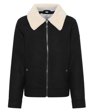 Dieser lässige Blouson von DreiMaster Vintage begeistert uns durch das schwere Material mit Wolle-Anteil und den gemütlichen Kragen aus Teddy-Fell, der einen farblichen Kontrast zur schwarzen Jacke aufzeigt. Ein kräftiger Reißverschluss lässt kühlen Herbstwinden kaum eine Chance, während die seitlichen Eingrifftaschen den lässig-rauen Look betonen. Wie bei jedem Stück von DreiMaster Vintage dürfen auch hier die charakterstarken Details nicht fehlen: Reißverschlussgriff wie Zierösen tragen das DreiMaster Vintage-Logo, ebenso das Labelplättchen am linken Ärmel.  Übergangsjacke aus Wollgemisch