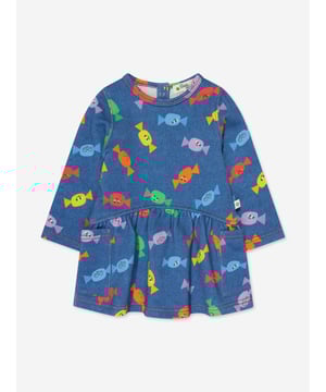 The Bonnie Mob depict passion and colour into their eco-friendly, sustainable abstracts. This baby girls blue sweater dress is reflective of the label's passion for beautiful aesthetics with an innovative twist. Made with multicoloured smiling sweet wrapper patterning via a zip fastening and peplum hem.  100% GOTS certified Organic Cotton GOTS Certified Organic Brand