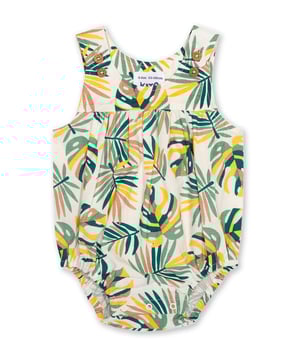100% organic cotton | Proud to be certified to the Global Organic Textile Standard (GOTS) | Rainforest all-over print | Woven slub fabric | Bubble shape | Adjustable straps with coconut buttons | Popper crotch opening | Elasticated leg cuffs | Soft gathers to yoke | Made in India | Machine washable at 40 degrees, or at 30 degrees to be kinder to the planet
