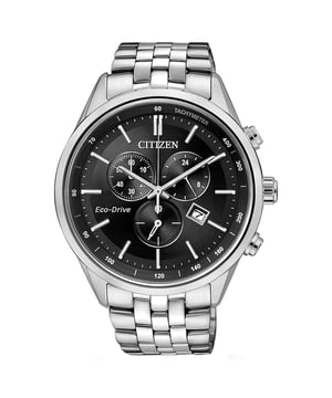 This Citizen  Chronograph Watch for Men is the perfect timepiece to wear or to gift. It's Silver 42 mm Round case combined with the comfortable Silver Stainless steel watch band will ensure you enjoy this stunning timepiece without any compromise. Operated by a high quality Eco-Drive movement and water resistant to 10 bars, your watch will keep ticking. This high quality watch has an Eco-drive technology (Recharged by any light source; no need for ever a battery)  -The watch has a calendar function: Date, Solar Powered, Stop Watch, 24-hour Display, Tachymeter High quality 21 cm length and 20 mm width Silver Stainless steel strap with a Fold over with push button clasp Case diameter: 42 mm,case thickness: 11 mm, case colour: Silver and dial colour: Black