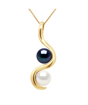 Hanger You & Me - 2 Real Water gekweekte parels Sweet Round 7-8 mm - COLORI NATURAL WHITE + BLACK TAHITI - Kwaliteit AAAA + - Deze hanger wordt geleverd met een vergulde ketting geel goud beschikbaar - Yellow Gold 375 duizendste - Garantie 2 Ans - geleverd in een geval met een certificaat van echtheid en een internationale garantie - Al onze juwelen zijn gemaakt in Frankrijk.