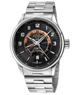 Giromondo, que en italiano significa trotamundos, es el compañero de gran potencia por excelencia de la jet-set. Diseñado para ofrecer un rendimiento superior en cualquier lugar, este reloj de cuarzo de 42 mm es la declaración más audaz del GV2 hasta el momento. El movimiento de cuarzo suizo GMT impulsa la caja de 42 mm con fondo de exhibición y correa de cuero italiano genuino. No debe confundirse con un Maserati o un Ferrari, este modelo de lujo italiano puede llevarte a cualquier parte. Giromondo de GV2: rendimiento y tecnología hechos para moverse. GV2 42300B Reloj de cuarzo suizo Giromondo para hombre Reloj de cuarzo suizo GV2 para hombre de la colección Giromondo Caja de acero inoxidable de 42 mm con esfera negra y formato de 24 horas en la esfera interior Corona push-pull, fecha a las 6 en punto Fondo de caja de exhibición Brazalete de acero inoxidable 316L con hebilla desplegable Anti -Cristal de zafiro reflectante Resistente al agua hasta 50 metros/5 ATM Movimiento GMT de cuarzo suizo, Ronda 515