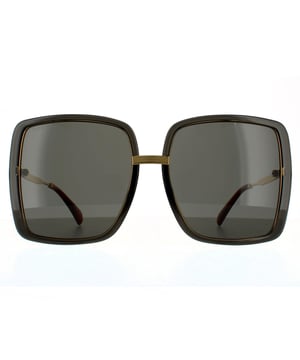 Gucci Square Womens Grey Crystal and Gold  Grey Sunglasses Gucci have super oversized square lenses with plastic rims and contrasting slim metal temples and bridge. Stripes are engraved into the  metal, as well as the Gucci logo on the temples..