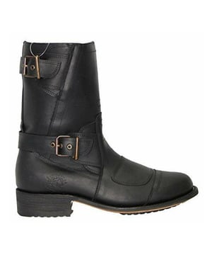 This cowboy style boot appears with a pointed toe, as well as a zip closure with buckles above the heel and at the start of the boot leg for secure fastening. This boot was manufactured with a Grinders proprietary sole unit, that has been heat bonded to the welt using the Goodyear method, which is known for increasing the strength of the boot and ensuring durability for years to come. The sole is also fitted with a unique air cushion that allows for added flexibility and which adds to the long-lasting qualities of this boot. Complete with a comfortable leather interior and exterior this high leg boot is a great piece for adding a stylish touch to your footwear. • Goodyear Welted • High leg silhouette with zip closure • Features stacked heels • Leather upper • Soft Leather lining • Rubber/Leather Soles • Made in Mexico