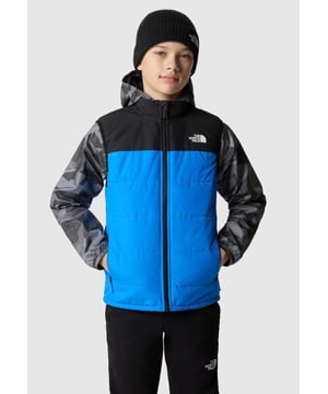 The Never Stop Insulated Gilet is the go-to choice for young explorers. Size XL - 14/16 Years,  Size 2XL- 18/20 Years. Packed with lightweight yet exceptionally warm synthetic insulation, it ensures warmth and comfort throughout every adventure. - -. The gilet's fabric is coated with a durable water-repellent finish, providing protection against light showers and keeping outdoor exploration enjoyable even in damp conditions. - -.  Versatile and practical, it is 3-in-1 compatible with yellow-label outer jackets from The North Face. - -. The gilet is equipped with two convenient zipped hand pockets and a reflective bar on the back hem, enhancing visibility and safety during outdoor activities. Stay warm, dry, and visible with The Never Stop Insulated Gilet on your side. - -. Body: 100% Recycled Polyester, Lining: 100% Recycled Polyester