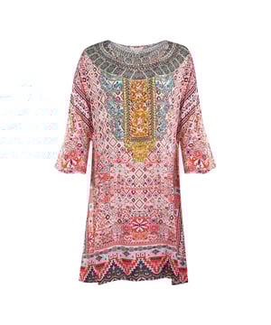 Inoa Aleppo 1928 Print Short Frill Multicoloured Kaftan Cover Up. Show off your style wearing the Inoa Multicoloured Kaftan. Its classic uneven Style and  flattering Print make it a timeless piece for your wardrobe. Crafted from luxurious fabric, you'll make a statement with every wear. Make a statement in style!. 100% Silk, Multi Colour Design, Frill Along Hem. Pull over, Beach wear, Shape Pattern. This Item is suitable for sizes UK 8- UK 14. Product Style: Aleppo 1928