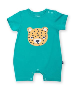 100% organic cotton |  Proud to be certified by Control Union to the Global Organic Textile Standard (GOTS) |  OEKO-TEX Standard 100 (Product class I) appliqué backing |  Leopard cub appliqué design |  Aquamarine |  Single jersey with a little bit of stretch |  Popper crotch and shoulder opening |  Short sleeved |  Short legs |  Made in Turkey |  Machine washable at 40 degrees, or at 30 degrees to be kinder to the planet